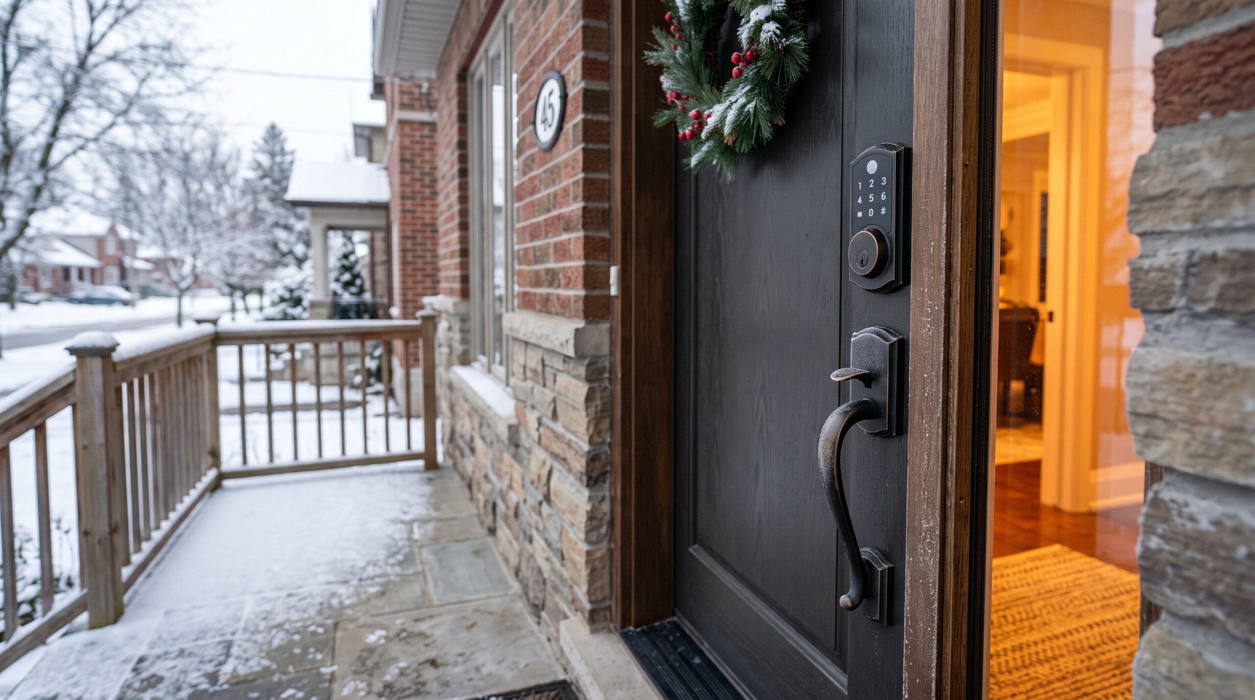 Exterior home door and lock during an Ontario winter illustrating seasonal lock and home security concerns.